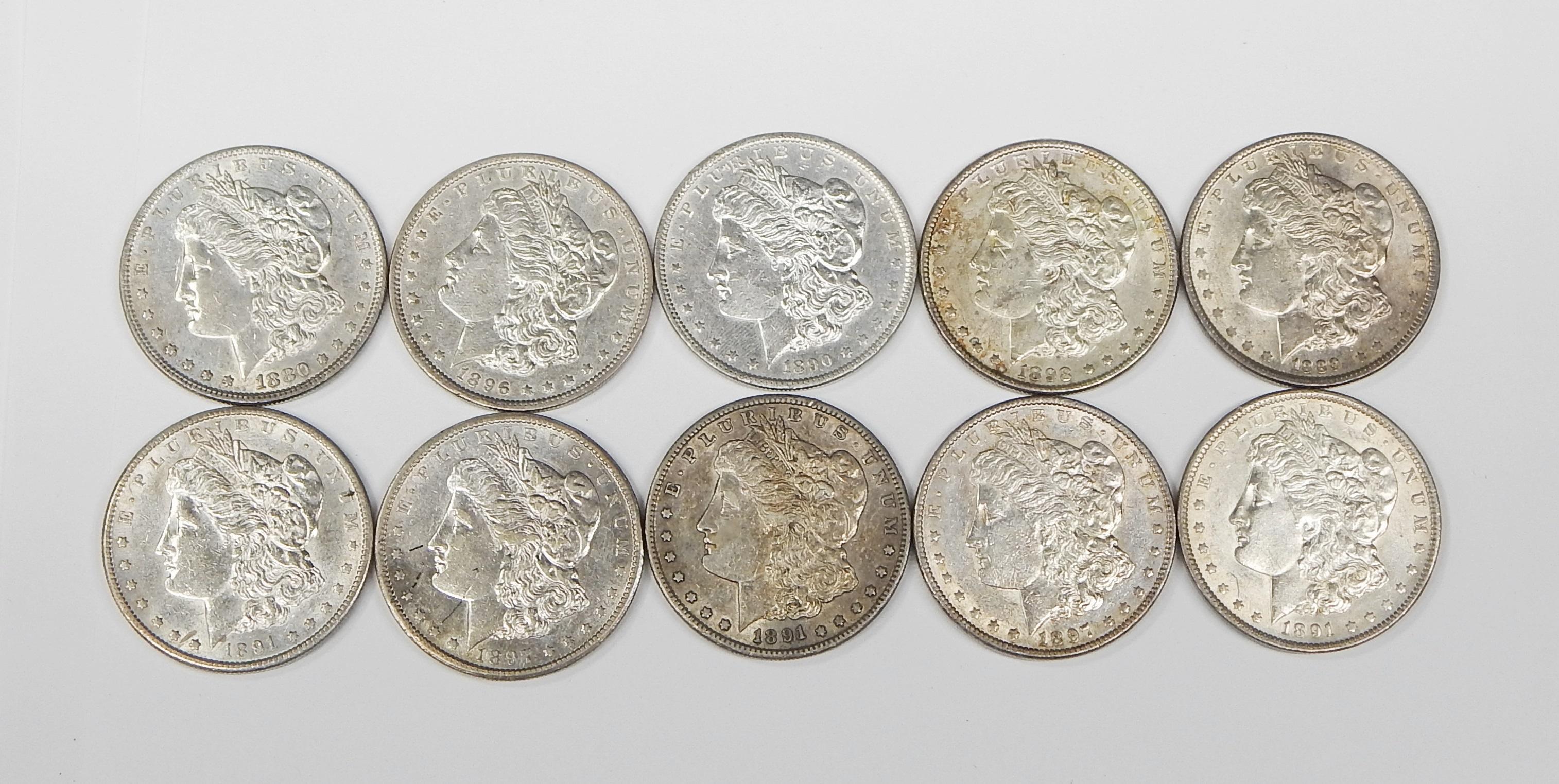 10 MORGAN DOLLARS - 1880, 1889, 1890, 1891, (2) 1891-S, 1896, 1897, 1897-S, 1898