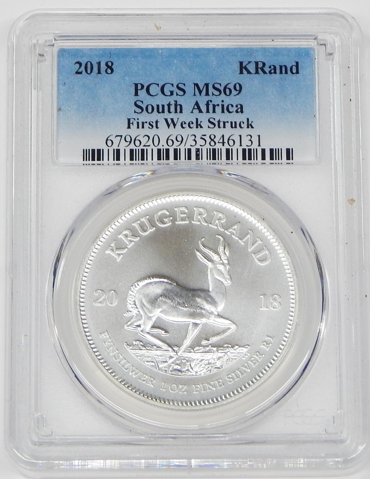 SOUTH AFRICA - 2018 1 OZ SILVER KRUGERRAND - PCGS MS69 - FIRST WEEK STRUCK