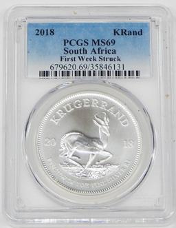 SOUTH AFRICA - 2018 1 OZ SILVER KRUGERRAND - PCGS MS69 - FIRST WEEK STRUCK