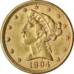 1894 $5 LIBERTY HEAD GOLD PIECE - AU