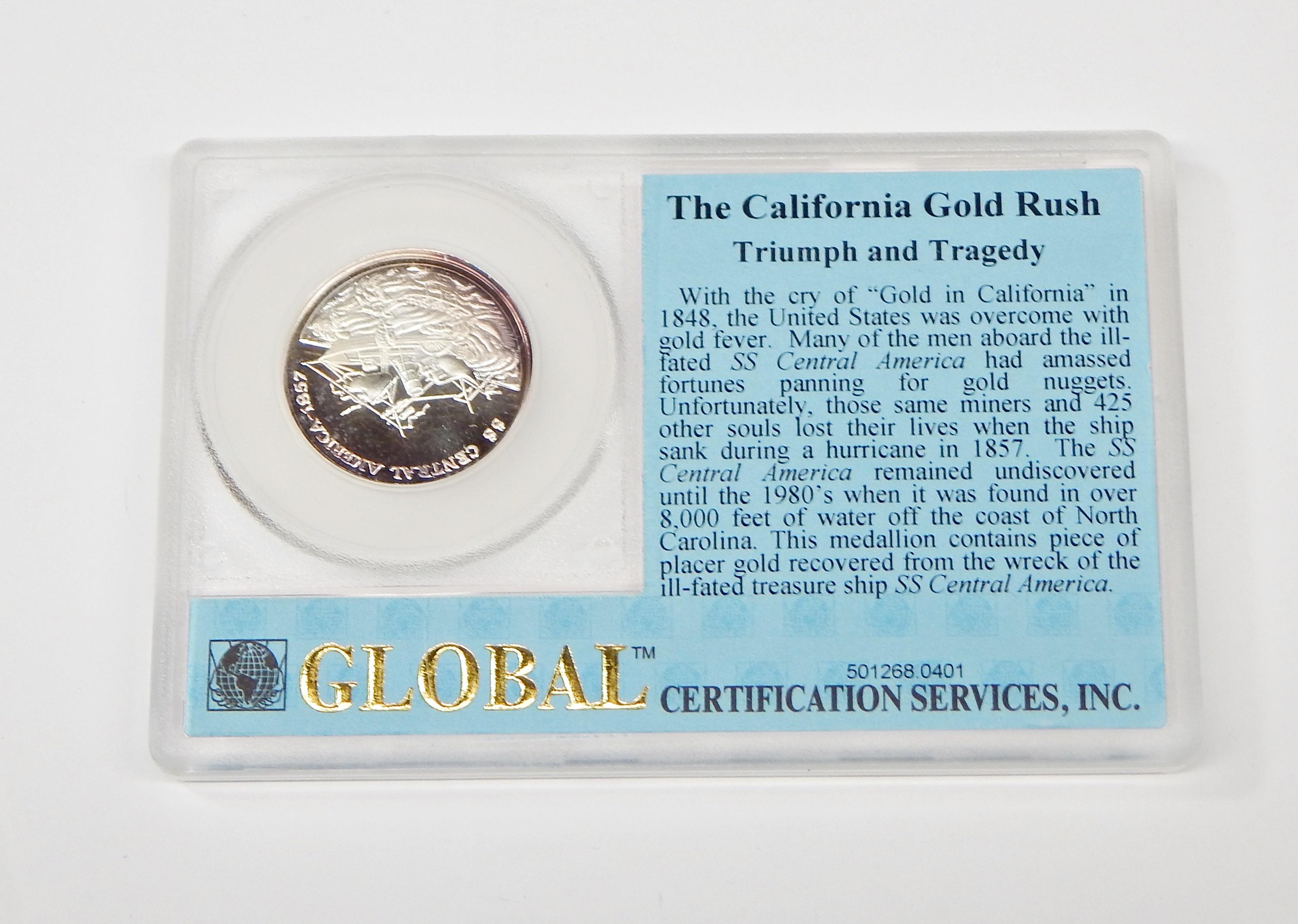 SS CENTRAL AMERICA 1/4 oz SILVER MEDALLION with PLACER GOLD NUGGET in HOLDER