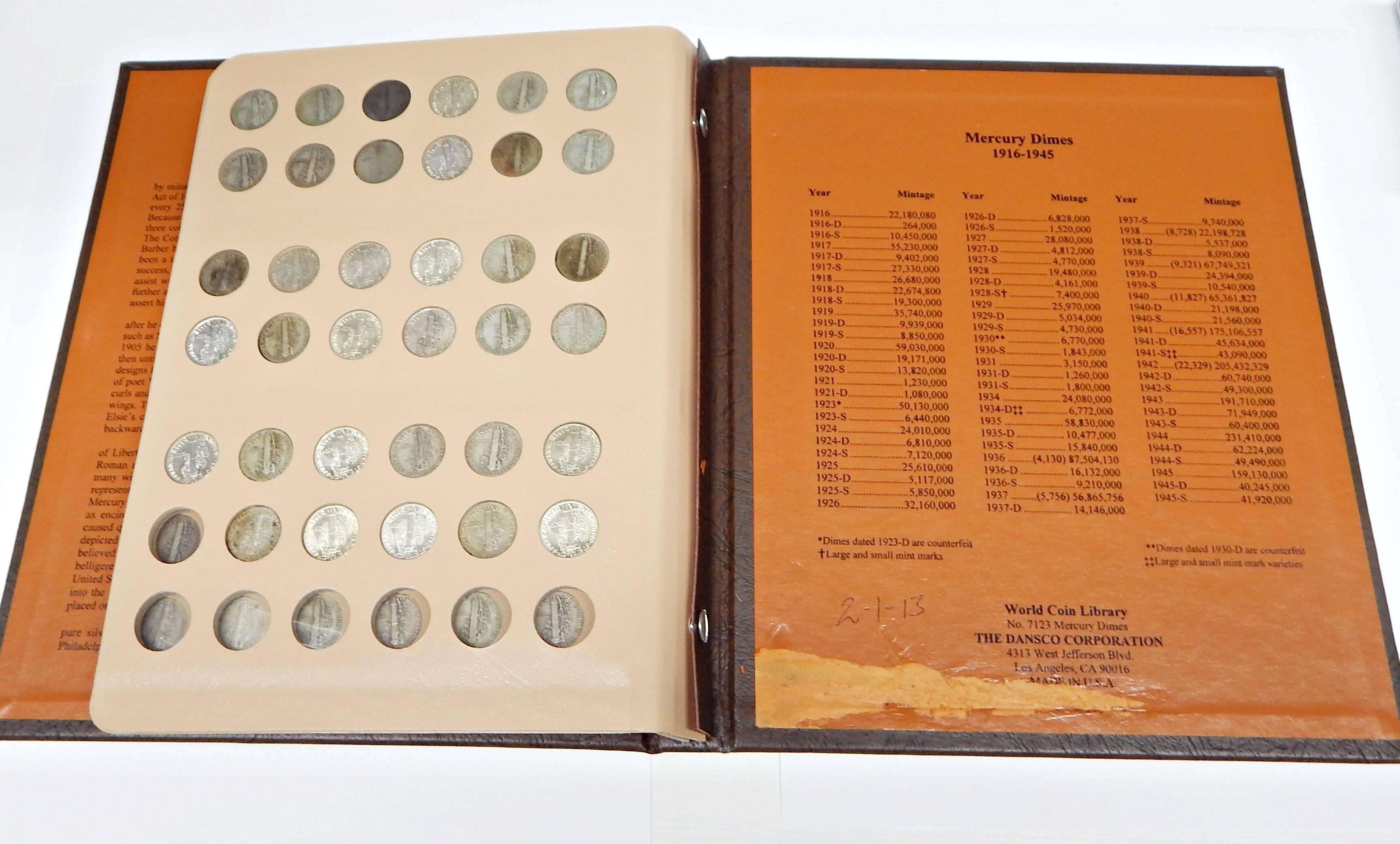 NEARLY COMPLETE SET of MERCURY DIMES in DANSCO ALBUM - 76 COINS