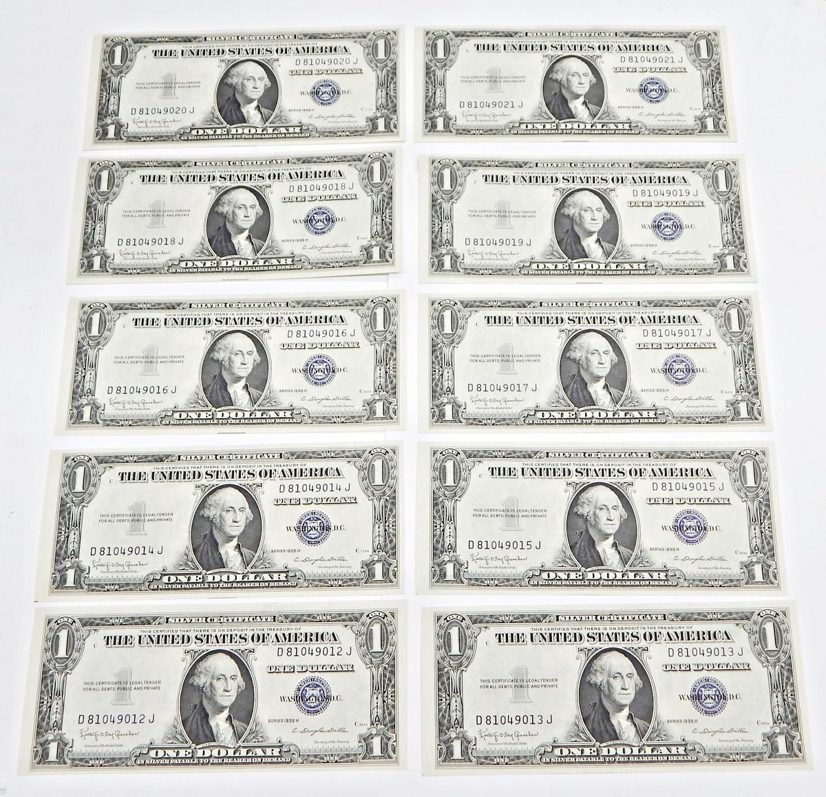 TEN (10) CONSECUTIVE UNCIRCULATED 1935H $1 SILVER CERTIFICATES