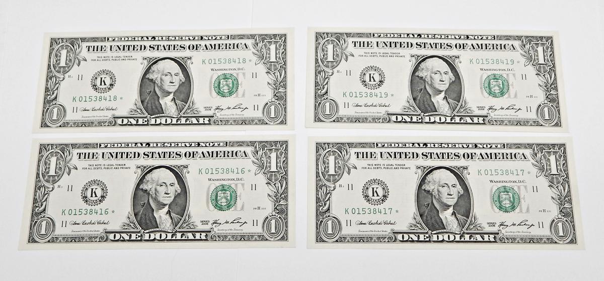 FOUR (4) CONSECUTIVE UNCIRCULATED 2006 $1 FEDERAL RESERVE STAR NOTES