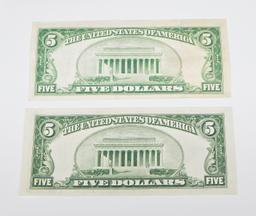 TWO (2) 1928 RED SEAL $5 UNITED STATES NOTES