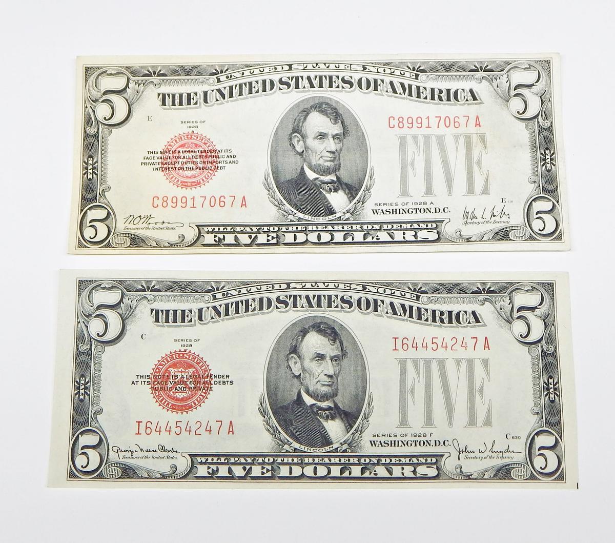 TWO (2) 1928 RED SEAL $5 UNITED STATES NOTES