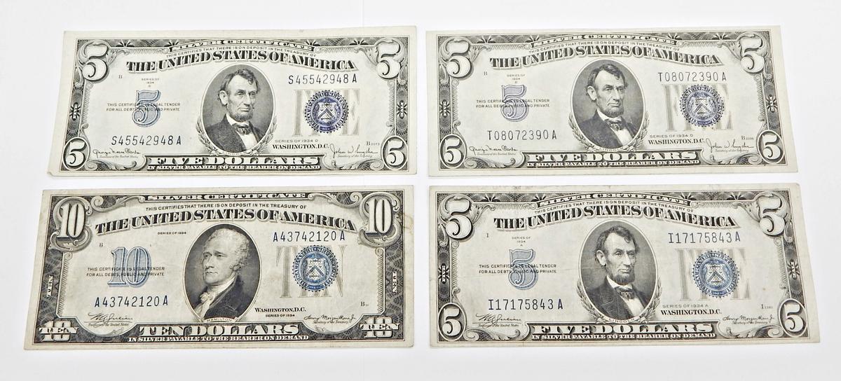 FOUR (4) 1934 SILVER CERTIFICATES - (3) $5, (1) $10