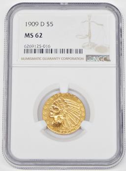 1909-D INDIAN HEAD $5 GOLD PIECE - NGC MS62