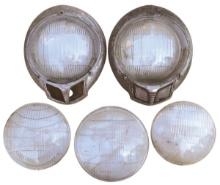 Vintage Auto Headlight Lenses (7), pair 1950 Dodge bezels w/parking lamps &
