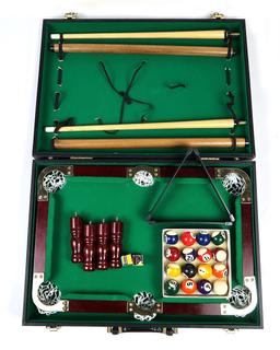 Toy Table Top Billiards, table on legs, 2 cues & balls w/hinged carry case