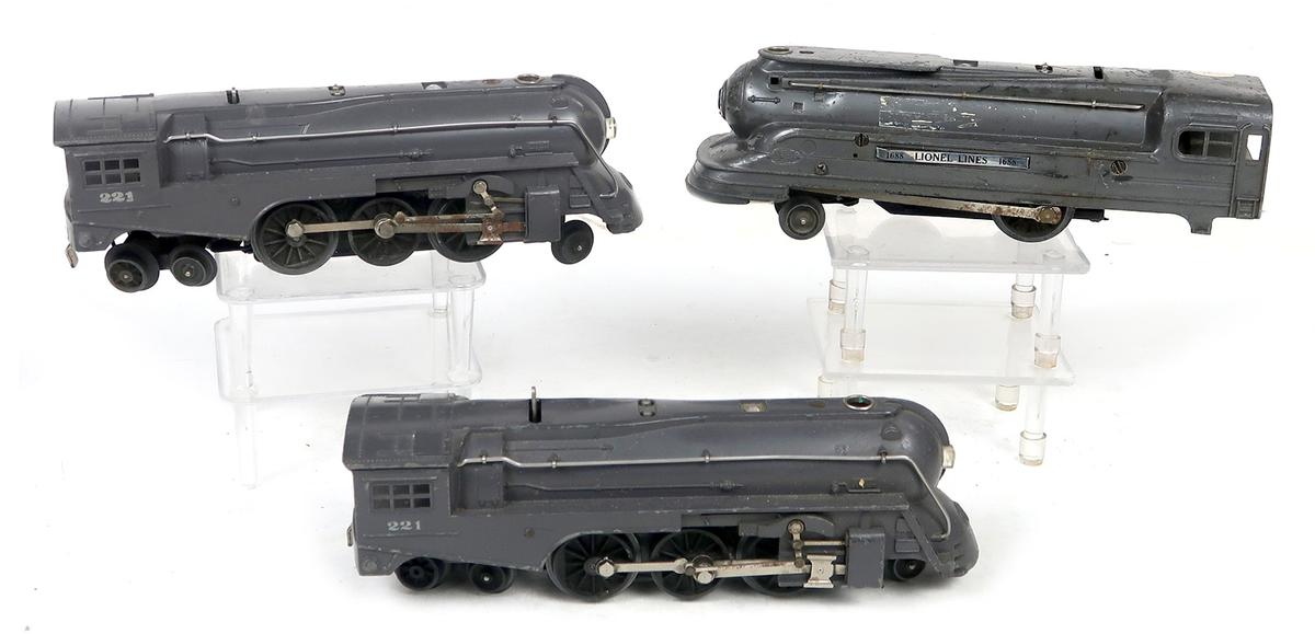 Toy Train (3), 221 Dreyfuss Hudson Gray Engine (2) & 1688 Engine, untested