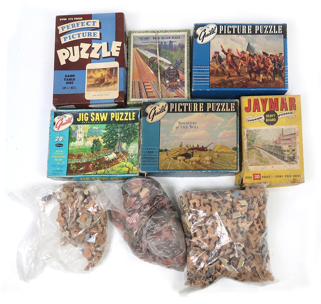 Vintage Puzzles & Boxes, 9 boxes & bags c.1940s, Good cond overall w/ some
