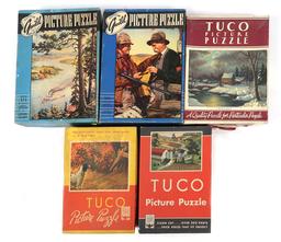 Vintage Puzzles In Boxes (5), c.1940s or earlier by Tuco & Guild, VG cond,
