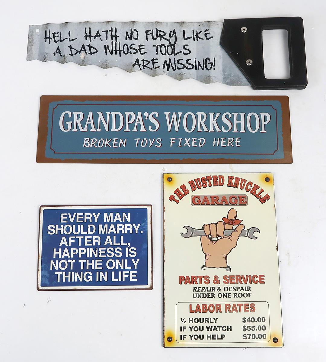 Garage Art (4), Humorous slogans on metal, Exc cond, largest 22"L.