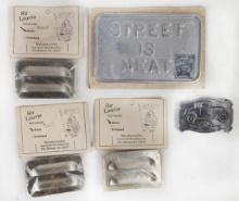 Street Rod Buckles & Plaque (5), incl 3 Sir Louvie buckles in packages, cas