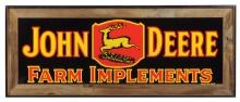 John Deere Farm Implements Sign w/2-legged leaping deer, very colorful tin,