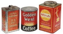 Country Store Metal Containers (3), litho on tin 10 lb Nestles, 5 lb Golden