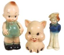 Carnival Chalkware Figures (3), Kewpie & piggy bank & sailor girl, Exc & VG