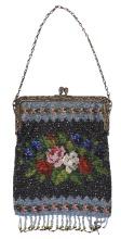 Ladies Purse, French micro beaded w/roses & cast silvered metal frame, Exc