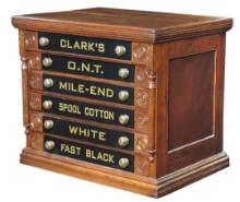 Spool Cabinet, Clark's O.N.T. 6-drawer walnut w/pressed rosettes, VG+ refin