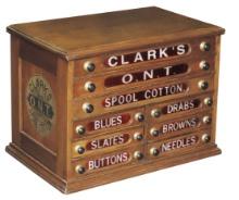 Spool Cabinet, Clark's O.N.T. walnut 9-drawer w/etched ruby glass & pearled