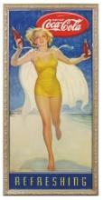 Coca-Cola Sign, litho on cdbd by Snyder & Black dated 1937, girl on beach a