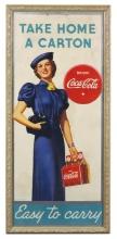 Coca-Cola Take Home A Carton Sign, litho on cdbd of woman in blue w/product