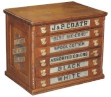 Spool Cabinet, J. & P. Coats' Best Six Cord, walnut 6-drawer w/logo on flat