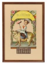 Meat Market Calendar, 1911 litho on cdbd diecut of young boy riding pig for