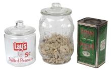 Country Store Nut Jars & Tin (3), embossed glass Planters w/molded nuts, re