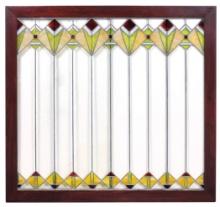 Stained Glass Window, geometric Art Deco arrow designs in textured colors,