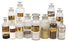 Apothecary Bottles & Jars (12), assorted blown glass w/paper/LUG labels, mo