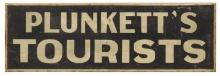 Automobilia Campground Sign, "Plunkett's Tourists", sand-painted wood trade