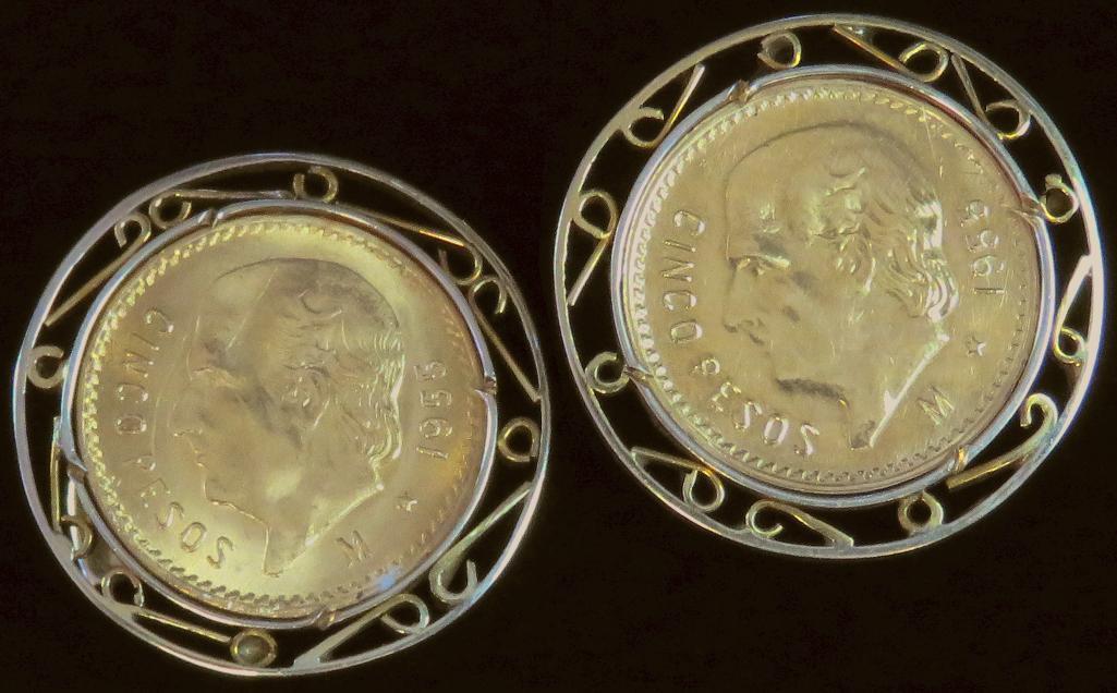 Pair of Gold Coin Cufflinks - both contain 1955 10 Pesos Gold each in bezels tests 14K. Approx 16.6
