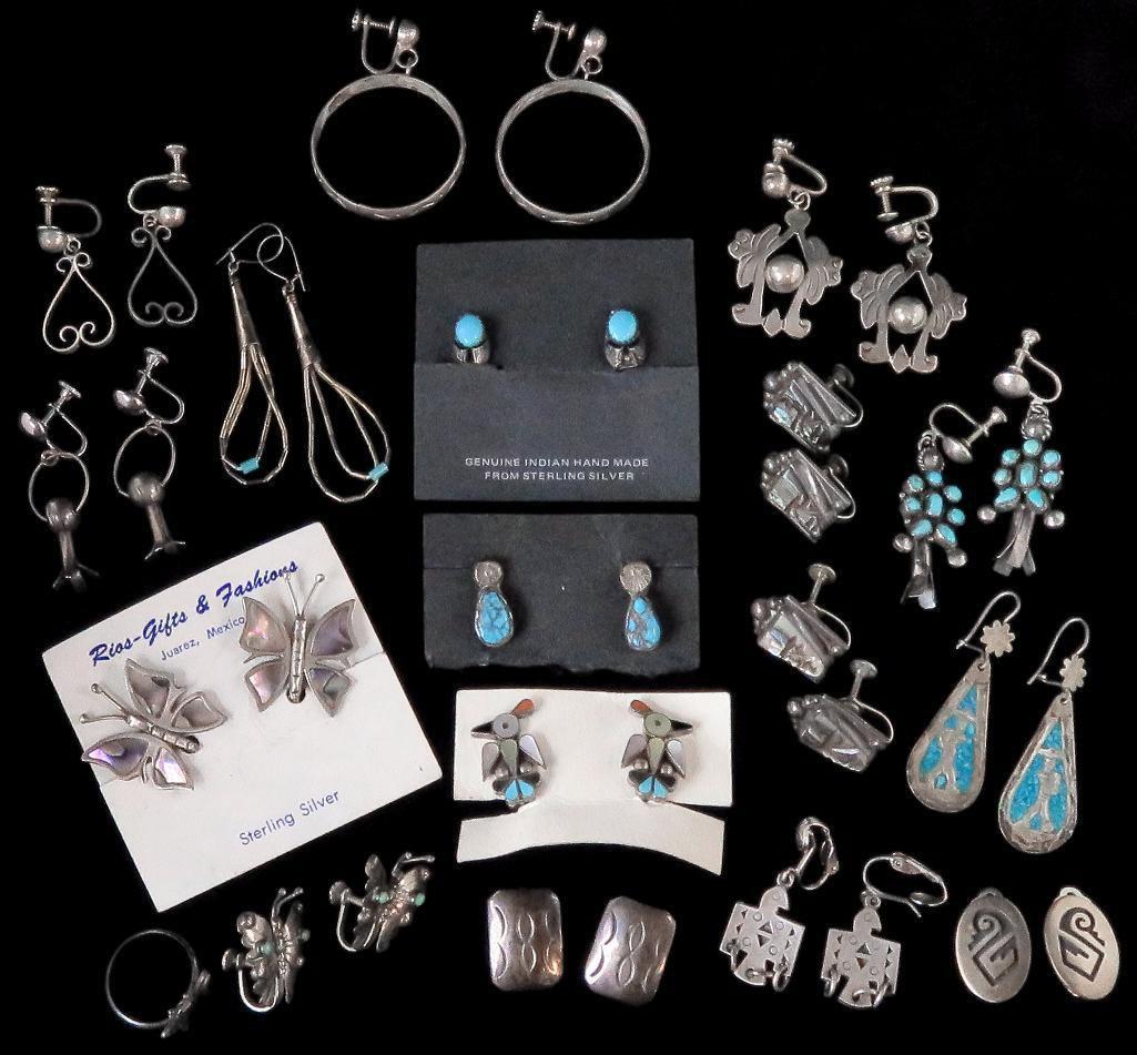 Approx (17) pairs of mostly Southwest American Indian Earrings with Ring.