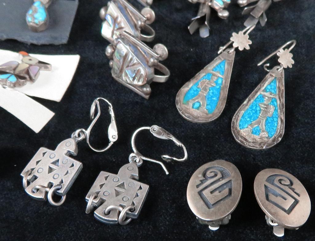 Approx (17) pairs of mostly Southwest American Indian Earrings with Ring.
