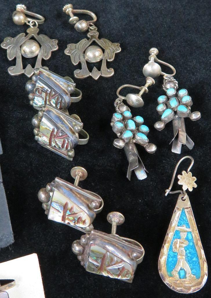 Approx (17) pairs of mostly Southwest American Indian Earrings with Ring.