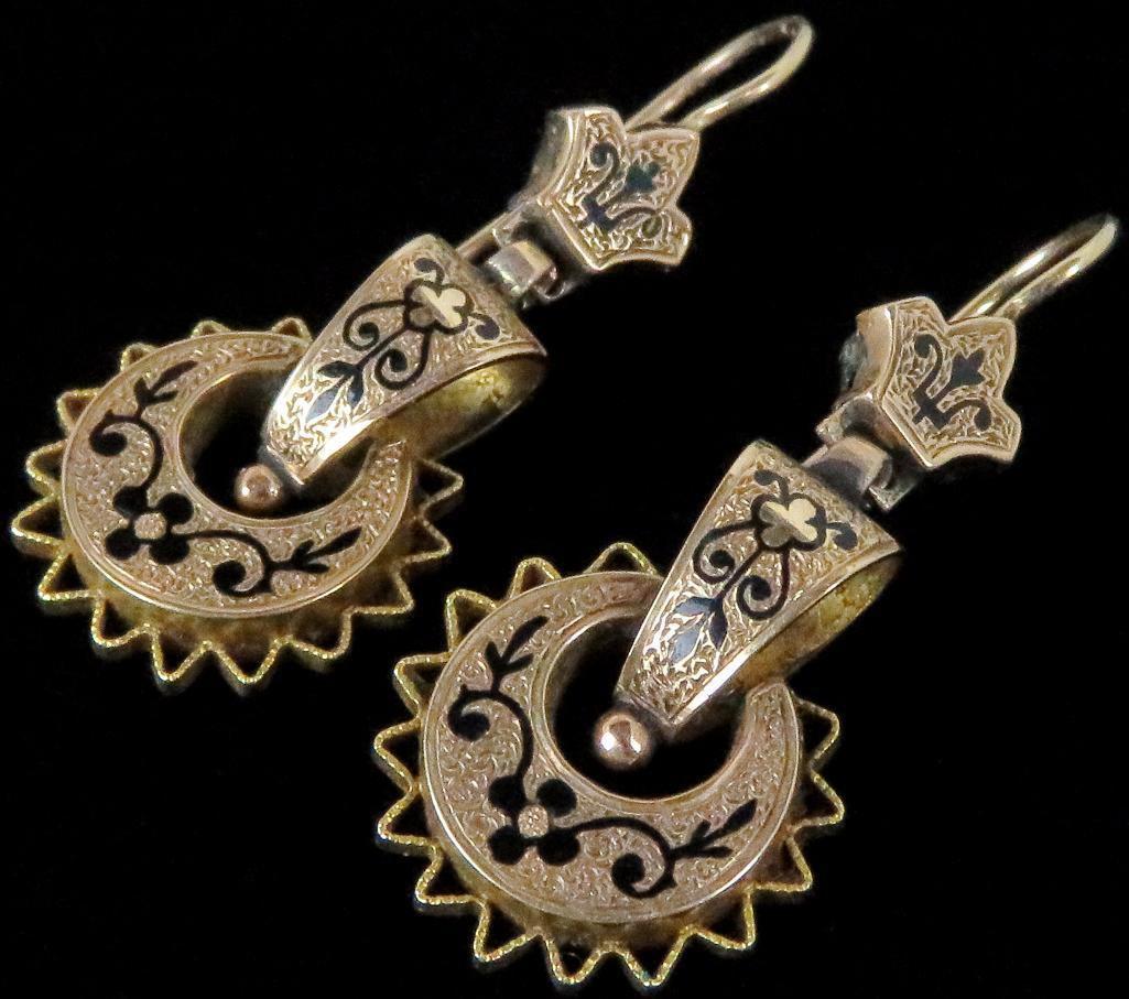 Pair of 19th Century English 14K Earrings Black Enameled. Approx 4.0 grams.