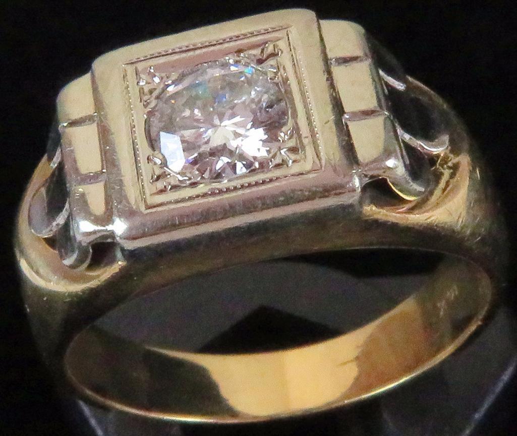 14K Yellow Gold Men's Ring with .76ct. round brilliant cut diamond I1 clarity and H in color.