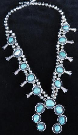 Vintage Southwest Squash Blossom Sterling & Turquoise Necklace. Approx 151.8 grams.