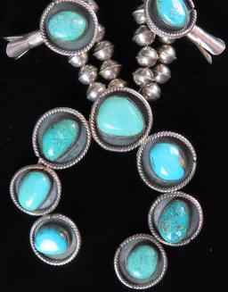 Vintage Southwest Squash Blossom Sterling & Turquoise Necklace. Approx 151.8 grams.