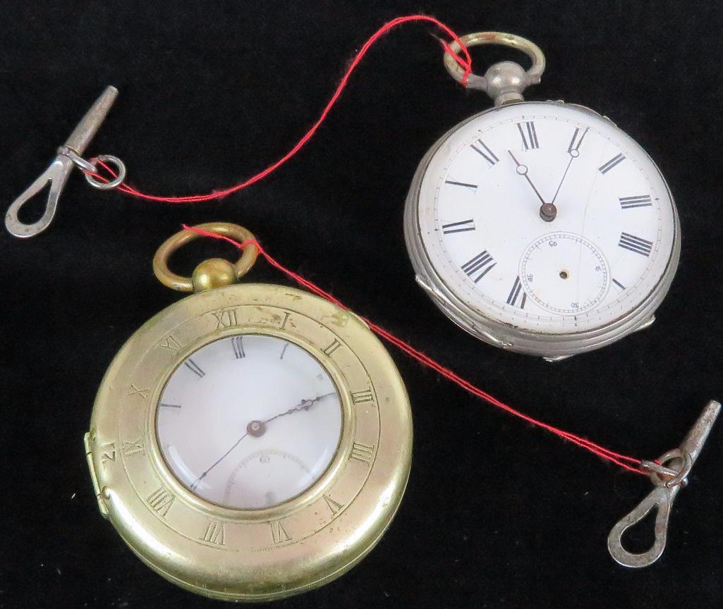 Lot of (2) unnamed antique Pocket Watches Windmill Case on one and H. Zuhlke Watch Holder on other -