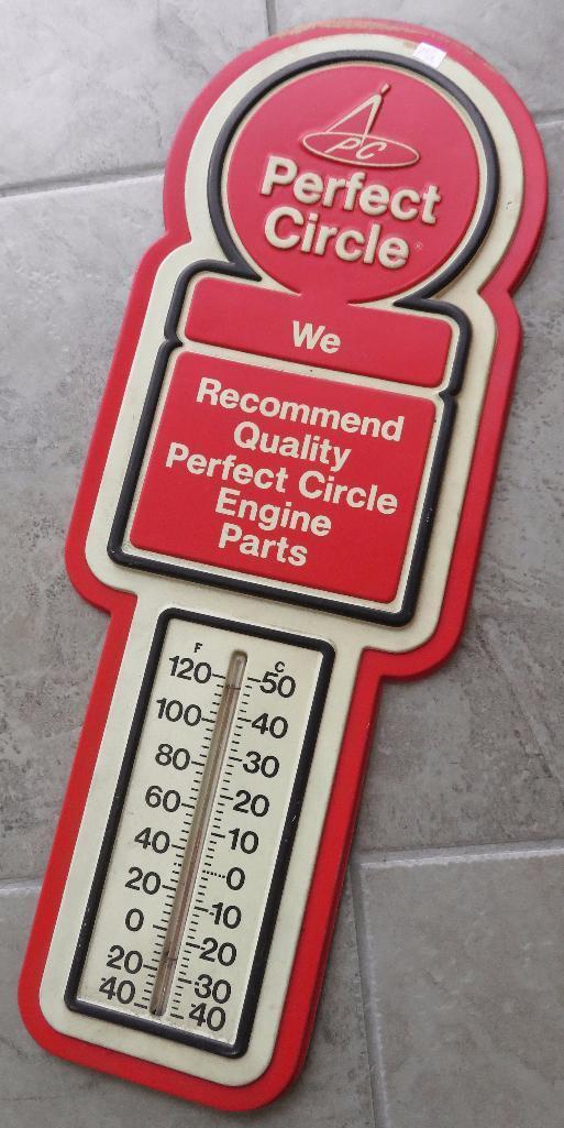 7pc. lot of Advertising includes Perfect Circle Thermometer 27" (plastic), Fram Air Filters Electri