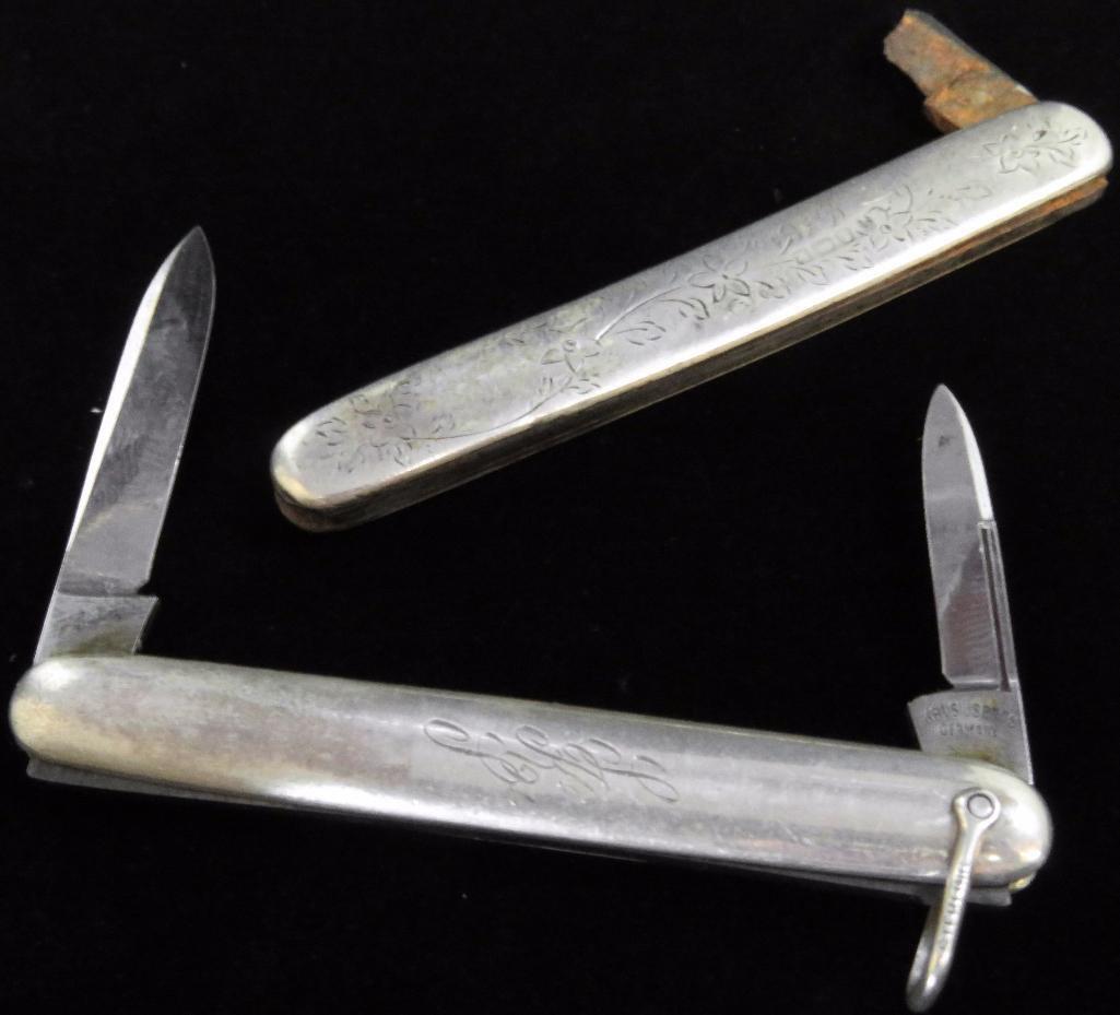 Lot of (5) vintage Pocket Knives includes Empire 14K, Sterling (broken blade), 10K, Krusius Bros. St