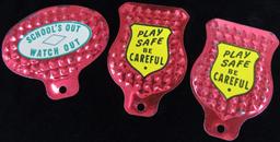 Lot of (3) vintage License Plate Toppers includes (2) Play Safe Be Careful & Schools Out Watch Out!