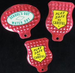 Lot of (3) vintage License Plate Toppers includes (2) Play Safe Be Careful & Schools Out Watch Out!
