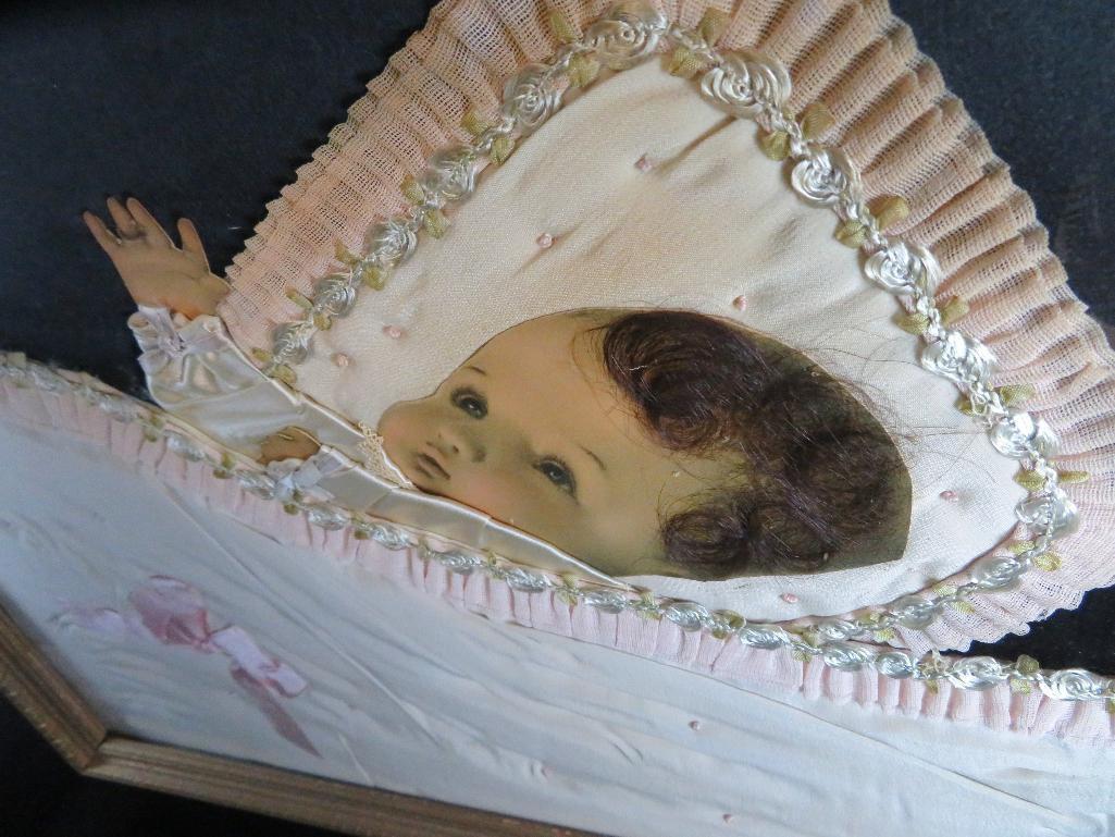 Bessie Mae Gutmann Baby Memorial Framed Picture Real Hair Satin Blanket.