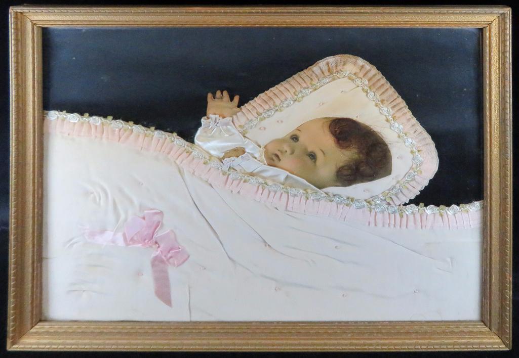 Bessie Mae Gutmann Baby Memorial Framed Picture Real Hair Satin Blanket.