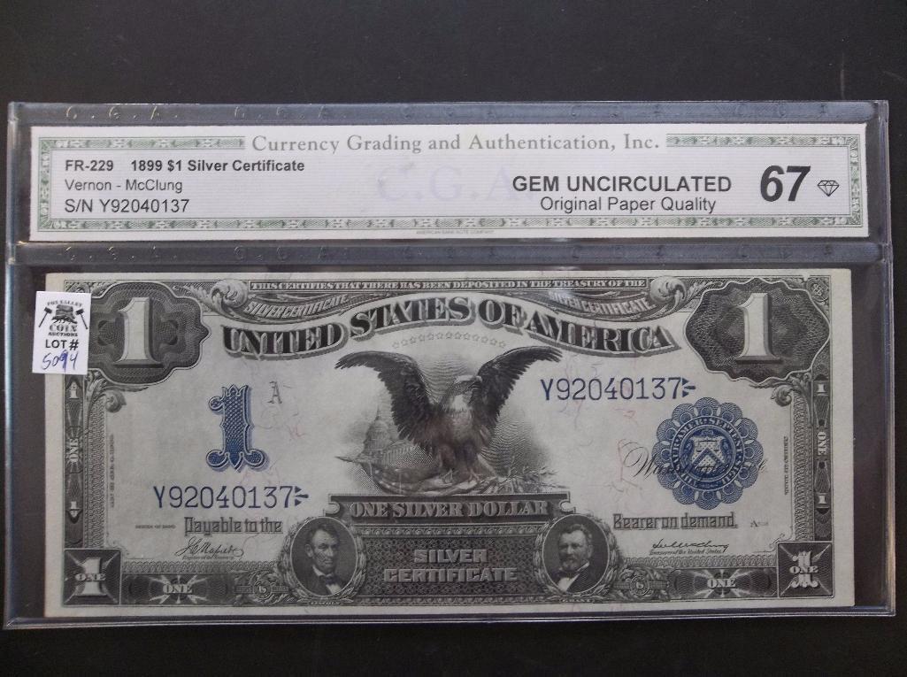 1899 $1 SILVER CERTIFICATE BLACK EAGLE CGA GEM CU 67 FR 229