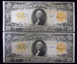 PAIR OF CONSECUTIVE SERIAL NUMBERED 1922 $20 GOLD CERTIFICATE SERIAL NUMBERS K84304501 AND 2